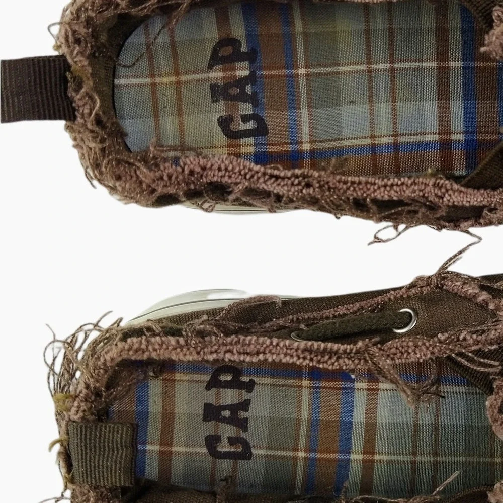 GAP Slip On Shoes Kids Sz 11 Brown Frayed Canvas Distressed‎ Plaid Lined Loafers